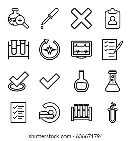Test icons set. set of 16 test outline icons such as heartbeat, pipette, mri, check list, checklist, cross, tick