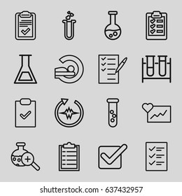 Test icons set. set of 16 test outline icons such as mri, check list, clipboard, checklist, tick, heartbeat