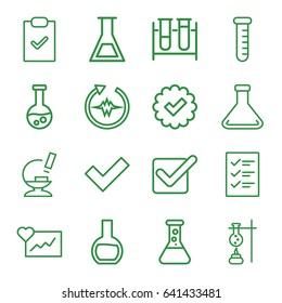 Test icons set. set of 16 test outline icons such as test tube, microscope, checklist, tick, heartbeat