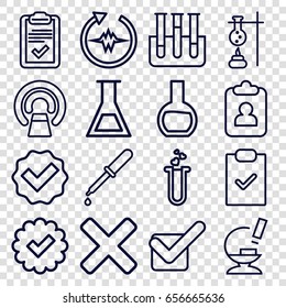 Test icons set. set of 16 test outline icons such as pipette, mri, clipboard, microscope, tick, cross, heartbeat