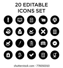 Test icons. set of 20 editable filled test icons such as clipboard, tick, cardiogram, heartbeat, mri, microscope, pipette, cross. best quality test elements in trendy style.