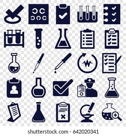 Test icons set. set of 25 test filled icons such as clipboard, pipette, check list, microscope, doctor prescription, checklist, tick