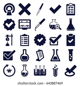 Test icons set. set of 25 test filled icons such as clipboard, heartbeat, pipette, mri, tick, cross