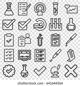 Test icons set. set of 25 test outline icons such as clipboard, heartbeat, pipette, mri, check list, microscope, doctor prescription, checklist, tick, cross