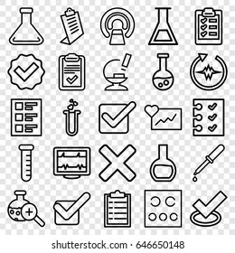 Test icons set. set of 25 test outline icons such as clipboard, heartbeat, pipette, mri, microscope, checklist, tick, cross