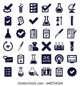 Test icons set. set of 36 test filled icons such as clipboard, heartbeat, pipette, mri, check list, microscope, doctor prescription, checklist, tick, cross