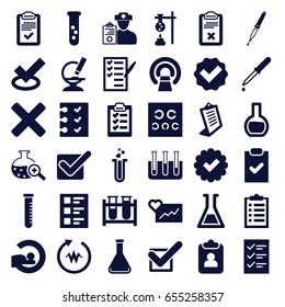 Test icons set. set of 36 test filled icons such as clipboard, pipette, mri, check list, microscope, doctor prescription, checklist, tick, cross, heartbeat