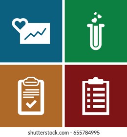 Test icons set. set of 4 test filled icons such as heart test tube, clipboard, checklist
