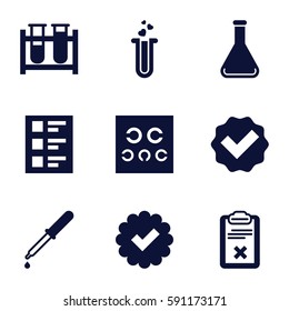 test icons set. Set of 9 test filled icons such as pipette, clipboard, checklist