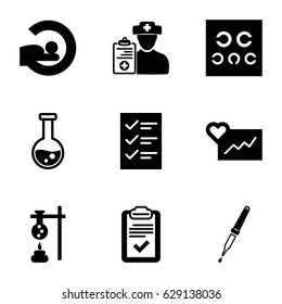 Test icons set. set of 9 test filled icons such as MRI, clipboard, pipette, doctor prescription, checklist