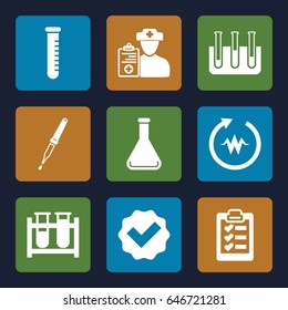 Test icons set. set of 9 test filled icons such as test tube, pipette, doctor prescription, clipboard, heartbeat