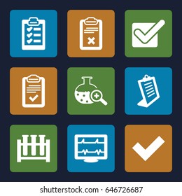 Test icons set. set of 9 test filled icons such as clipboard, heartbeat