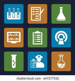 Test icons set. set of 9 test filled icons such as heartbeat, mri, check list, test tube, doctor prescription