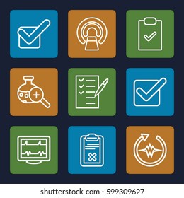 test icons set. Set of 9 test outline icons such as heartbeat, MRI, check list, clipboard, test tube search, tick