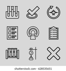 Test icons set. set of 9 test outline icons such as MRI, test tube, checklist, cross, tick