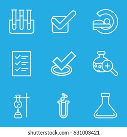 Test icons set. set of 9 test outline icons such as mri, tick