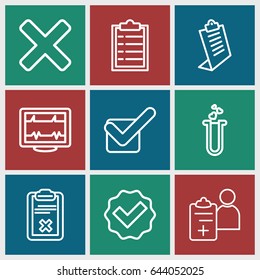 Test icons set. set of 9 test outline icons such as clipboard, heartbeat, heart test tube, doctor prescription, tick, cross