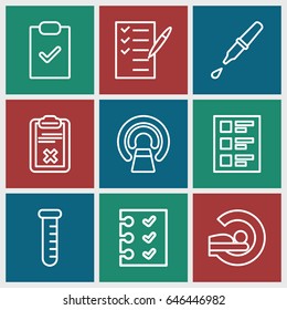 Test icons set. set of 9 test outline icons such as mri, check list, clipboard, pipette, test tube