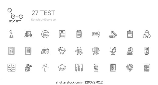test icons set. Collection of test with checklist, scientist, test tube, molecule, cross, voltmeter, microscope, ph, student, clipboard, task. Editable and scalable icons.