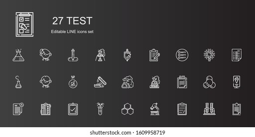 test icons set. Collection of test with clipboard, microscope, molecule, test tube, correct, list, exam, flask, student, urinal, standee, tasks. Editable and scalable icons.