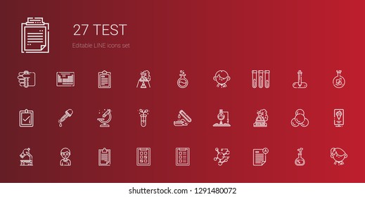 test icons set. Collection of test with exam, molecule, task, tasks, clipboard, student, microscope, flask, test tube, eyedropper, correct, love potion. Editable and scalable icons.