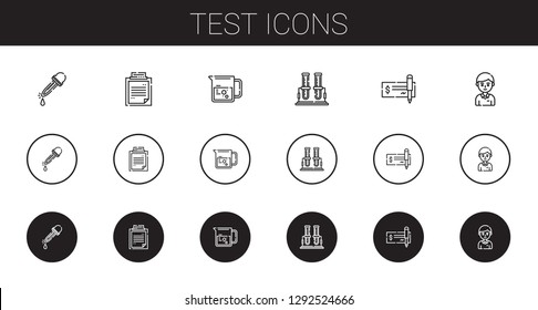 test icons set. Collection of test with eyedropper, clipboard, beaker, test tube, check, student. Editable and scalable icons.