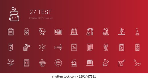 test icons set. Collection of test with flask, test tubes, microscope, list, task, molecule, scientist, tasks, check, science, tube, standee. Editable and scalable icons.