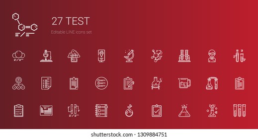 test icons set. Collection of test with flask, correct, checklist, ph, periodic table, clipboard, beaker, list, tasks, task, test tube, molecule. Editable and scalable icons.