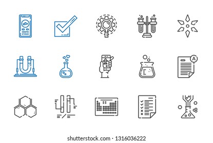 test icons set. Collection of test with flask, tasks, periodic table, ph, molecule, exam, check in, love potion, science, tubes, research, tick. Editable and scalable test icons.