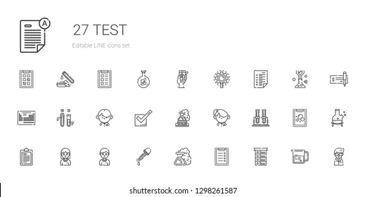 test icons set. Collection of test with list, clipboard, flask, eyedropper, student, test tube, tick, periodic table, tasks, research, check in. Editable and scalable icons.