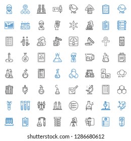 test icons set. Collection of test with standee, task, test tube, flask, list, clipboard, tubes, molecule, tubes, microscope, tick, urinal. Editable and scalable icons.