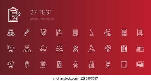 test icons set. Collection of test with student, flask, check in, ph, urinal, research, voltmeter, molecule, task, test tube, clipboard, periodic table. Editable and scalable icons.