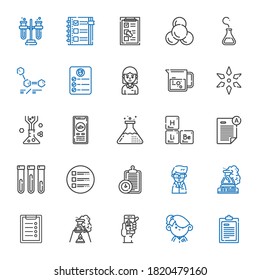 test icons set. Collection of test with student, check in, flask, clipboard, scientist, list, test tube, exam, periodic table, science, beaker. Editable and scalable icons.