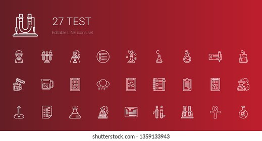test icons set. Collection of test with test tube, periodic table, flask, tasks, pipette, clipboard, checklist, molecule, beaker, cross, check. Editable and scalable icons.
