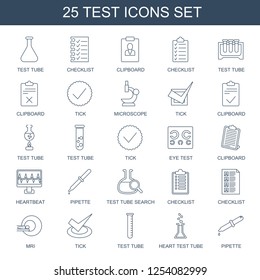 test icons. Trendy 25 test icons. Contain icons such as test tube, checklist, clipboard, tick, microscope, eye, heartbeat, pipette, test tube search. icon for web and mobile.