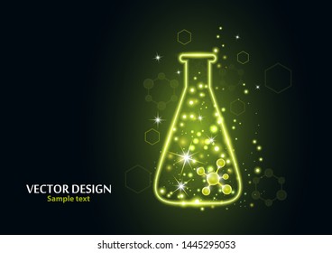 Test laboratory flask with the frame grid made of points, lines and forms. Vector illustration art style design on a dark background. Medicine, chemistry poster banner template with copy space.