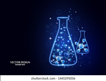 Test laboratory flask with the frame grid made of points, lines and forms. Vector illustration art style design on a dark background. Medicine, chemistry poster banner template with copy space.