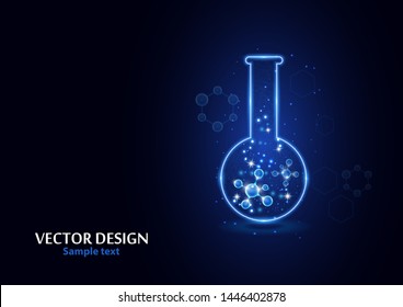 Test laboratory flask with the frame grid made of points, lines and forms. Vector illustration art style design on a dark background. Medicine, chemistry poster banner template with copy space.