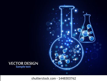 Test laboratory flask with the frame grid made of points, lines and forms. Vector illustration art style design on a dark background. Medicine, chemistry poster banner template with copy space.