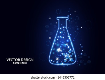 Test laboratory flask with the frame grid made of points, lines and forms. Vector illustration art style design on a dark background. Medicine, chemistry poster banner template with copy space.