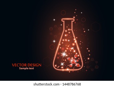 Test laboratory flask with the frame grid made of points, lines and forms. Vector illustration art style design on a dark background. Medicine, chemistry poster banner template with copy space.