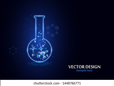 Test laboratory flask with the frame grid made of points, lines and forms. Vector illustration art style design on a dark background. Medicine, chemistry poster banner template with copy space.