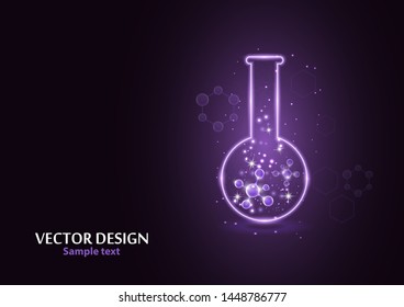 Test laboratory flask with the frame grid made of points, lines and forms. Vector illustration art style design on a dark background. Medicine, chemistry poster banner template with copy space.