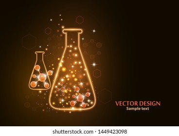 Test laboratory flask with the frame grid made of points, lines and forms. Vector illustration art style design on a dark background. Medicine, chemistry poster banner template with copy space.