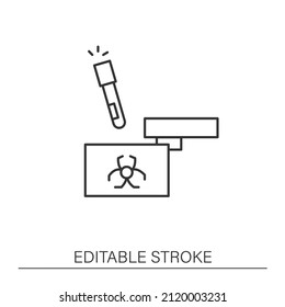  Test line icon. Biohazard bag with blood sample. Coronavirus testing process. Testing virus concept. Isolated vector illustration. Editable stroke