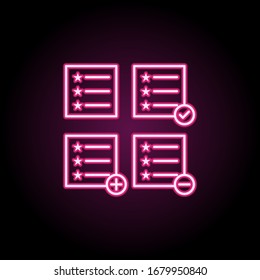 Test, list, plus, check, minus sign neon icon. Simple thin line, outline vector of web icons for ui and ux, website or mobile application