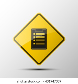 Test logo yellow diamond empty road sign with a black border and an image planchette on white background. Vector Illustration