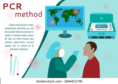 Test method for Cavid-19 coronavirus using PCR machine or polymerase chain reaction performed by healthcare professionals, doctors or nurses. flat vector illustration. Place for text