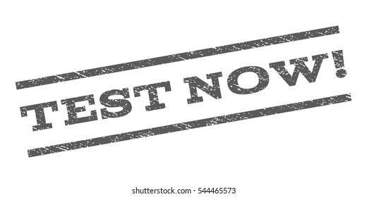 Test Now! watermark stamp. Text caption between parallel lines with grunge design style. Rubber seal stamp with unclean texture. Vector grey color ink imprint on a white background.