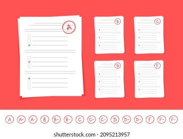 Test on paper with set of grades isolated on red and white background. Vector illustration